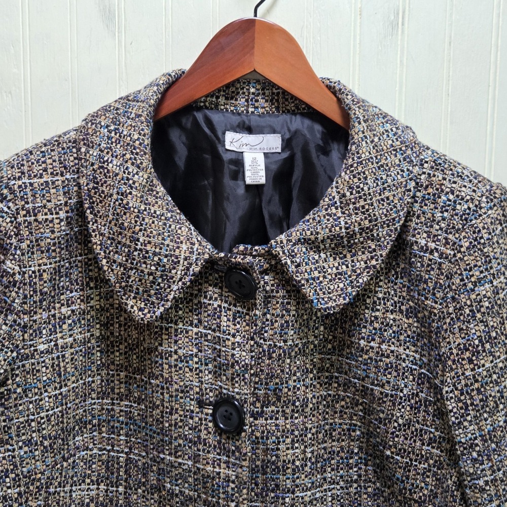 Kim Rogers Jacket Womens 12 Brown Tweed Check Button Front Collared Lined Short